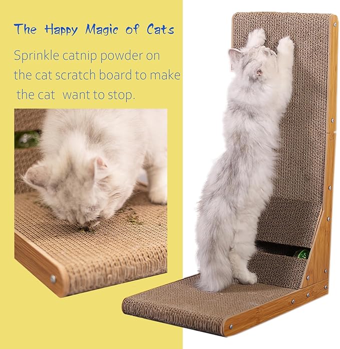 Cardboard Scratching Post with Bevel, 23.6-inch L-Shaped Scratching Post, All-Around fit, Allowing Cats to Stretch and Scratch, Built-in Toy Ball, Furniture Protection, Suitable for Indoor use