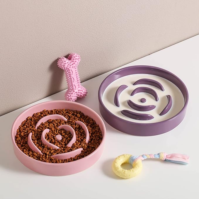 8.66 in Pink Ceramic Slow Feeder Dog Bowl for Medium and Large Breed - Heavy Weighted Puzzle Feeding Dish for Fast Eaters, Modern Maze Design