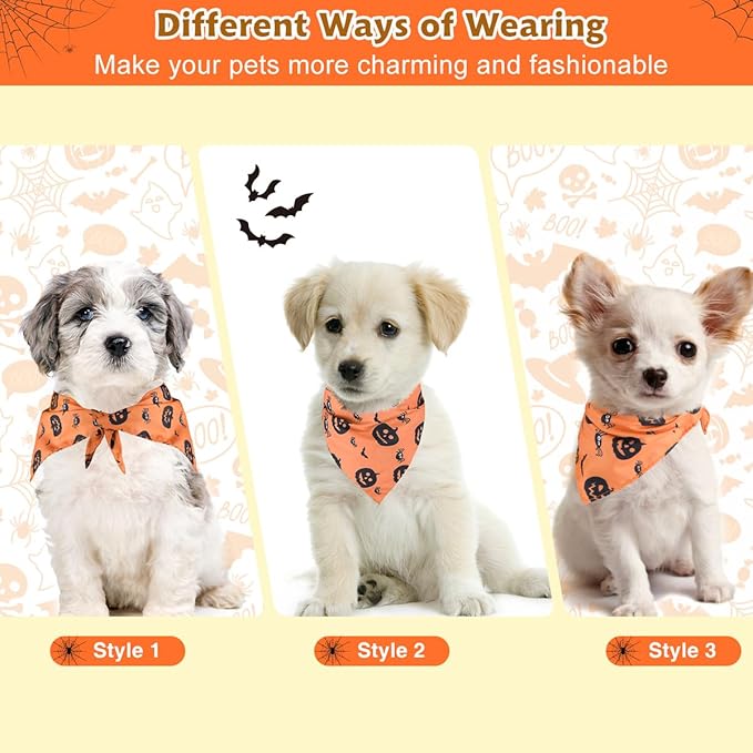 Kytely Halloween Dog Bandanas 2 Pack, Reversible Triangle Dog Bandanas for Boy and Girl, Multiple Sizes Offered, Pumpkin and Spider Web Bibs Fall Pet Scarf, Premium Durable Fabric (Small)