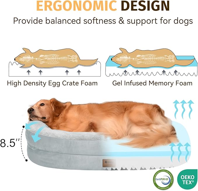 Orthopedic Washable Large Dog Bed: Cooling Dog Bed with Bolsters - Jumbo Bed Waterproof Removable Cover Non-Slip Pet Bed for Extra Large Sized - Silver