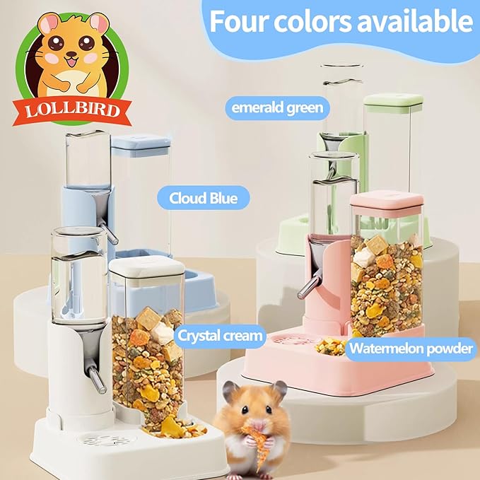 2-in-1 Hamster Water Bottle & Enhanced Food Dispenser - 35% Larger Food Capacity, Leak-Proof Design for Glass Tanks/Wire Cages Small Animal Accessories (Blue, 4.9IN+5.1IN+5.7 in)