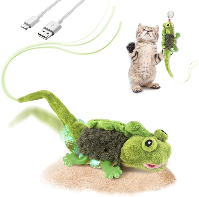 Migipaws Cat Toys, Touch Activated Flapping Chirping Lizard Kitten Toy with Catnip for Indoor Cats Kicker, Rechargeable (Green)