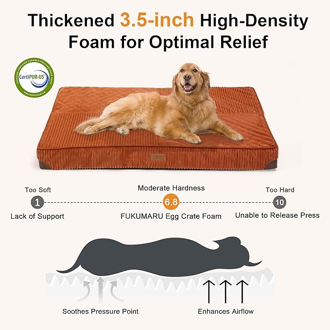 FUKUMARU Dog Bed, Plush Corduroy Orthopedic Dog Beds with Washable Cover, Large Waterproof Dogs Bed for Crate, Egg Crate Foam Support Pet Mat, Cozy Pet Bed Mat with Anti-Slip Bottom, Orange