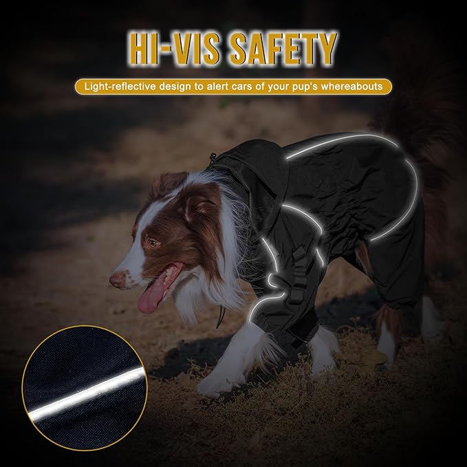 OneTigris Dog Raincoat with Hood for Medium Large Dogs, Waterproof & Reflective, 4 Legs Dog Rain Jacket Adjustable Puppy Poncho for The Rain and Snow (Black, Large)