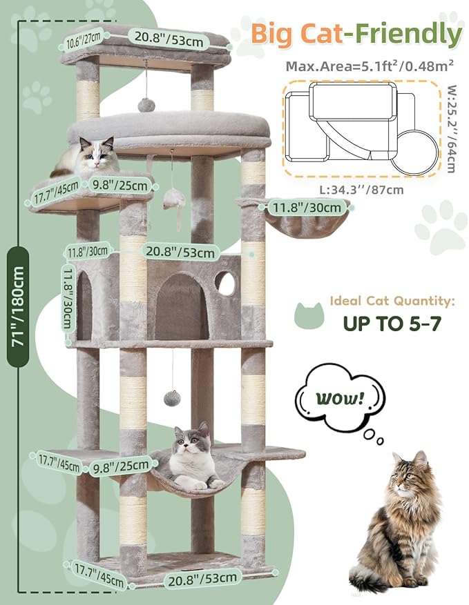 Taoqimiao 71 Inches Cat Tree for Large Cats 20lbs+, 3 Giant Perches, Multi-Level Cat Tree Tower, Widened Cat Condo with 9 Scratching Posts, Luxurious Hammcock & Basket, Light Gray, MS034W