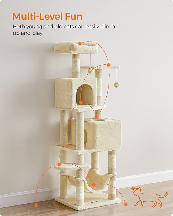 Feandrea Cat Tree, 61-Inch Cat Tower for Indoor Cats, Plush Multi-Level Cat Condo with 5 Scratching Posts, 2 Perches, 2 Caves, Hammock, 2 Pompoms, Beige UPCT192M01