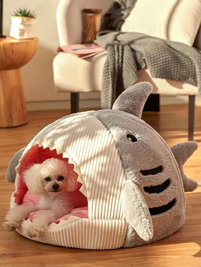 QWINEE Cat Mat Shark-Shaped Kennel Kitten Bed Hideout House Warm Soft Comfortable Semi-Closed Cat Dog Nest Grey Medium