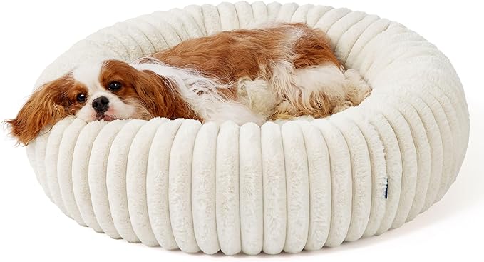 Bedsure Donut Medium Dog Bed - Washable Faux Fur with Corduroy Fleece & Anti Slip Bottom, Round Pet Bed with Removable Cover, Cream, 30x30x8 inches