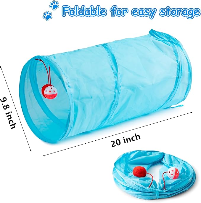 MALLMALL6 11Pc Cat Toy Set - Interactive Pack with Foldable Tunnel, Feather Teaser Wand, Springs, Mice, Crinkle Balls & Pet Bell Balls - Puzzle Toys for Indoor Cats - Gift (Blue)