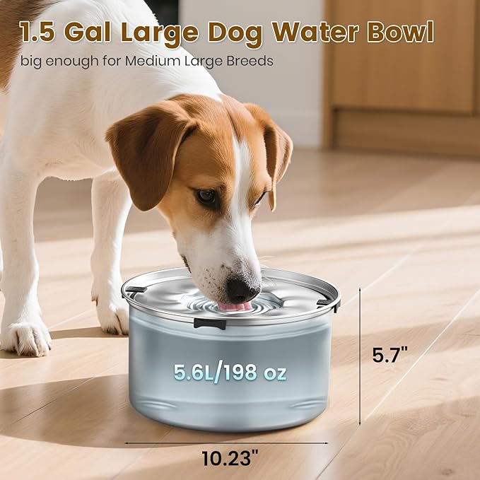 Dog Water Bowl No Spill,5.6LStainless Steel Dog Water Bowl with Anti-Slip,Spill Proof Slobber Stopper No Drip Slow Drinking Feeder for Sloppy Messy Drinkers,Indoor and Outdoor Use