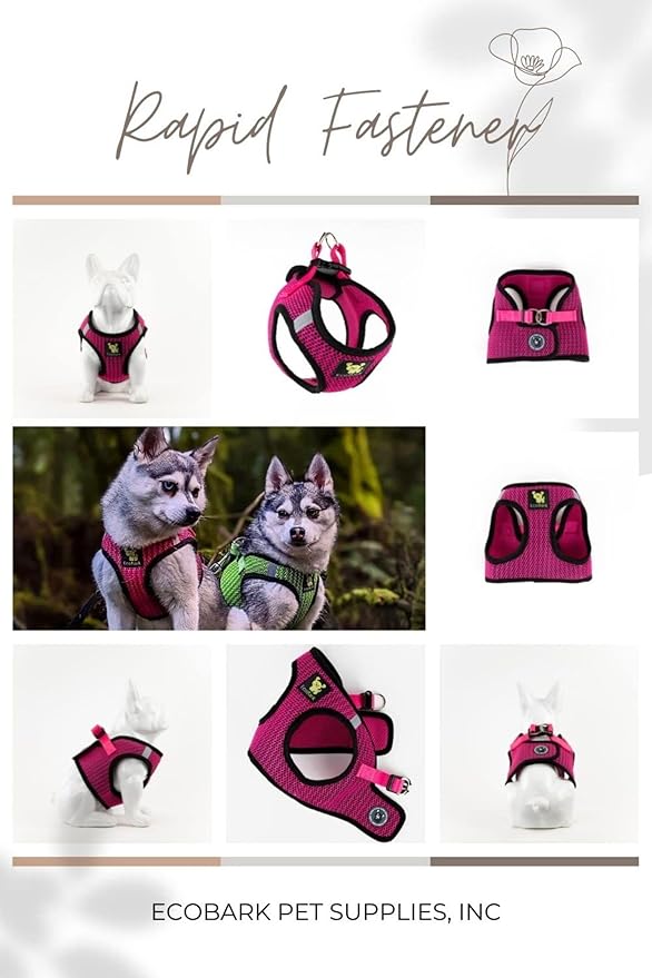 EcoBark Small Dog Harness for Toy Breed Dogs & Puppies - No Pull Soft Luxury Mesh - Step in Harness Halter Vest - Cute Adjustable Little Halter Body Wrap 7-10 lbs (Fuchsia Sport, Small)