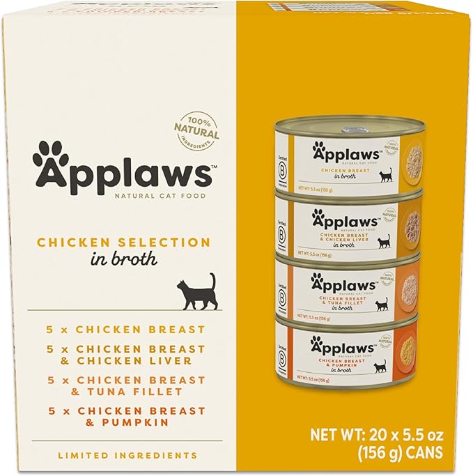 Applaws Natural Wet Cat Food in Broth, Limited and Natural Ingredients, High Protein with No Artificial Additives, Chicken Selection in Broth Cans (20 x 5.5 oz Cans)