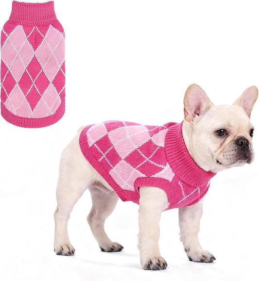 KOOLTAIL Dog Sweater, Knit Turtleneck Cold Weather Dog Sweaters for Small Medium Large Dogs, Soft Diamond Plaid Pullover Knitwear Pet Winter Warm Clothes,Pet Coat Puppy Sweater for Girls Boys,Pink L