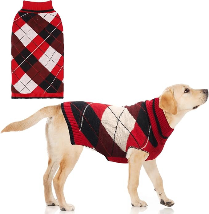 KOOLTAIL Dog Sweater Pet Knitted Clothes-Classic Plaid Pullover Turtleneck Red Fleece Dog Christmas Sweaters with Leash Hole, Thick Warm Dog Winter Clothes for Small Medium Large Dogs Cats Puppy, L