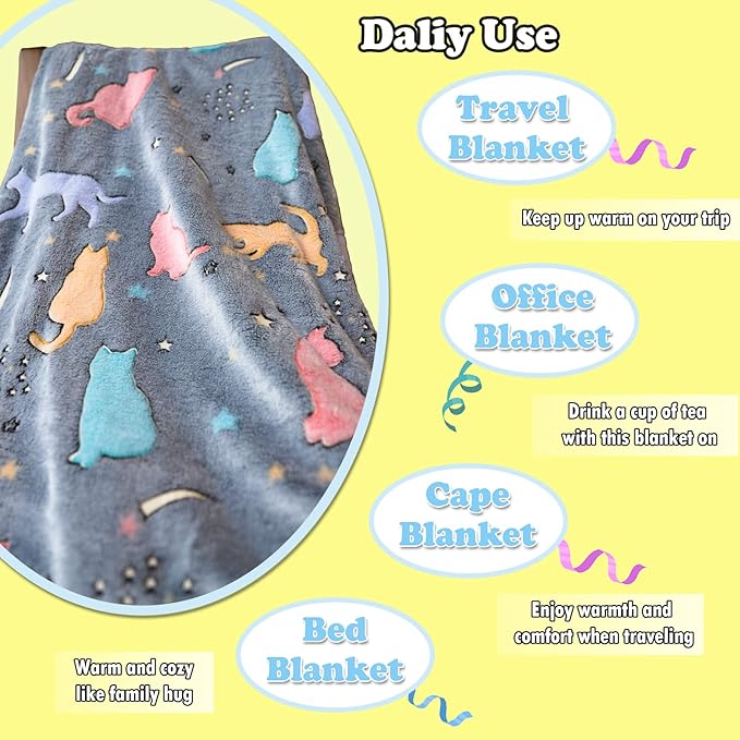 Halloween Best Gift Glow in The Dark Cute Cat Throw Blanket with Storage Bag, Soft Fuzzy Girls Kids Blankets, Birthday, Christmas, New Year Gifts for Girls Boys,Day Care Home Travel Use, 50"x60" Grey