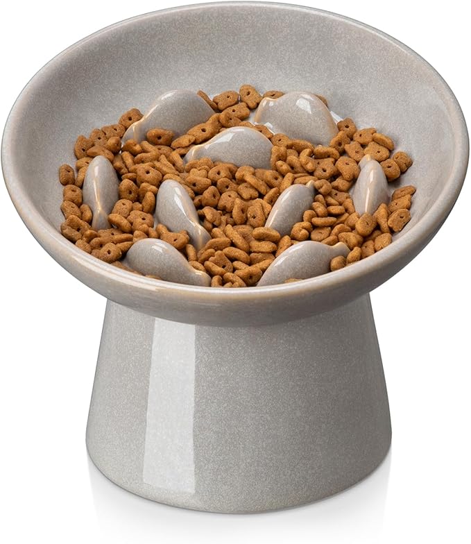 vancasso Ceramic Slow Feeder Cat Bowl, 6.25 Inch Elevated Cat Slow Feeder Bowl, Anti Vomiting for Dry and Wet Food, Grey