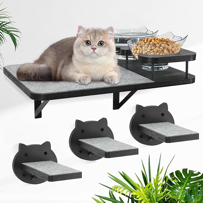 Brand Cat Wall Shelves with 3 Steps & Scratch Post, Includes 2 Food Shelves