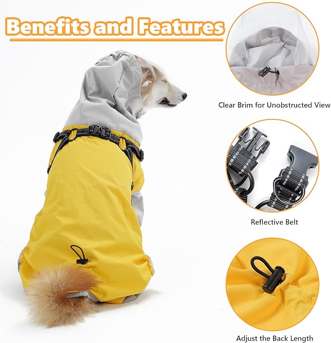 LIANZIMAU Waterproof Dog Raincoat 4 Legs with Leash Hook Reflective Adjustable Belly Strap Clear Hood Lightweight Polyester for Small Medium Large Dogs