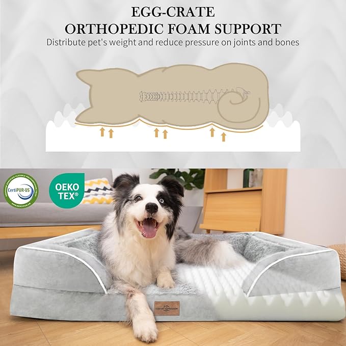 Comfort Expression Orthopedic Dog Bed for Extra Large Dogs 53x42 Inch, Waterproof Egg Crate Foam XXL Pet Bed with Removable Bolsters, Dog Couch with Washable Cover & Non-Slip Bottom, Gery White