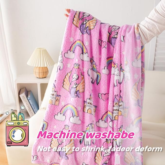 Best Gift Halloween Mermaid Princess Pattern Blanket, Unicorn Blanket Glow in The Dark, 50" x 60", Pink