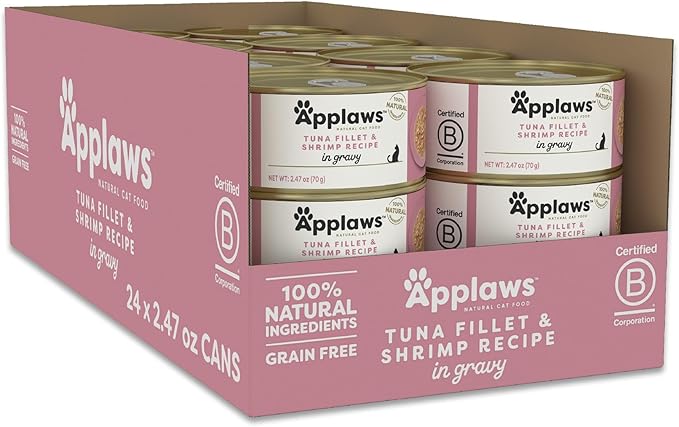 Applaws Natural Wet Cat Food, Made with Limited and Natural Ingredients, High Protein with No Artificial Additives or Fillers, Tuna Fillet & Shrimp in Gravy (24 x 2.47 oz Cans)
