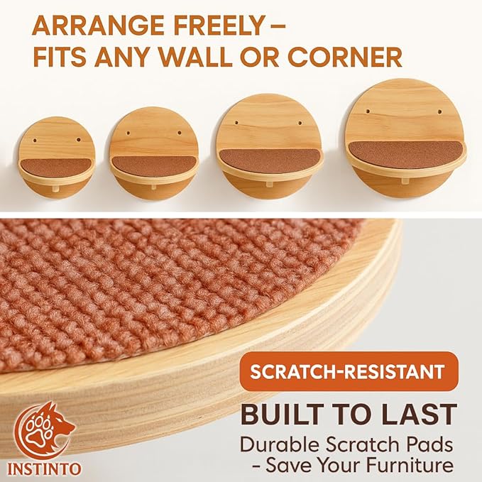 Cat Wall Shelves Set - Modern Round Floating Wall Steps with Scratch Pads (Set of 4)-Decorative Wall-Mounted Furniture for Climbing, Playing & Resting by INSTINTO