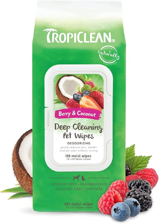TropiClean Deep Cleaning Pet Wipes, 100ct - Wipes for Dogs & Cats - Gently Removes Dirt, Dander & Smells - for Pet Paws, Face, Body & Bottom - Sweet Berry & Coconut Scent