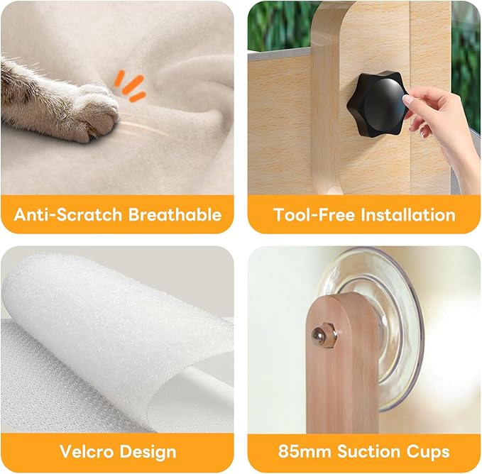 Foldable Cat Window Bed, Solidwood Cat Window Perch with Suction Cups, Heavy Duty Cordless Hammock Seat for Indoor Cats (Large Size)