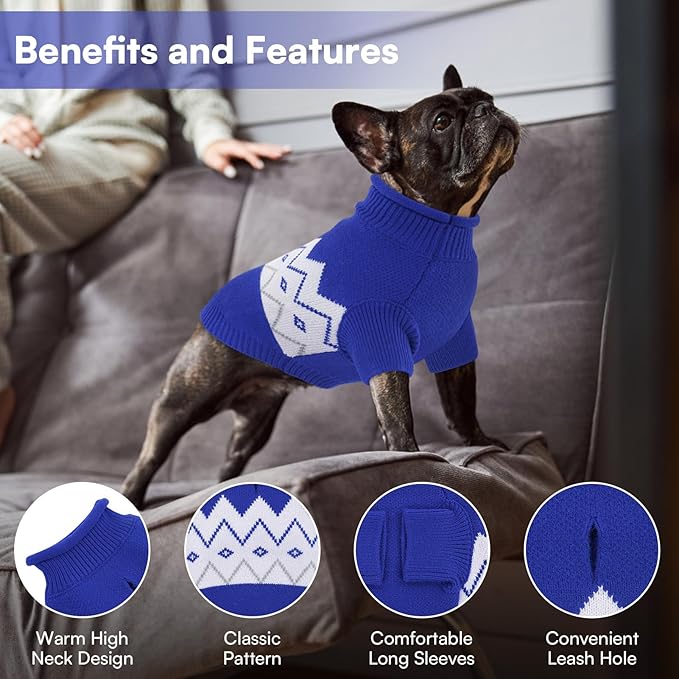 Queenmore Warm Dog Sweater, Soft Pet Knitwear, Knitted Pullover, Winter Pet Clothes for Small Medium Dogs Cats Blue