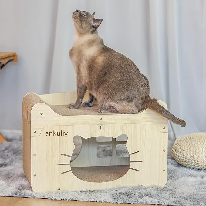 Cat Scratcher House,20x10.6x13.4 Cardboard Cat House,Large Scratch House for Indoor Cats,Scratchable in and Out,Suitable for 2 Cats Household,Anti-Scratch and Protect Couch,Easy to Assemble,Sturdy