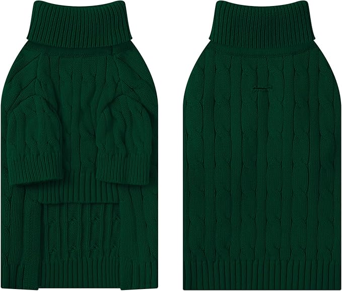 Small Dog Thermal Pullover Sweater, Classic Turtleneck Cable Knitwear Dog Clothes for Cold Weather Warm Pet Clothes for Chihuahua, Bulldog, Dachshund, Pug Green Medium