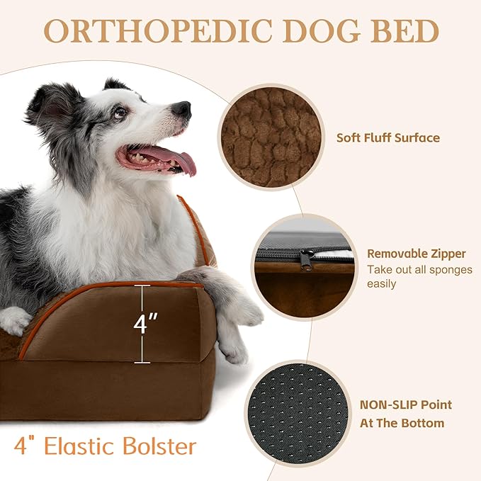 Comfort Expression Orthopedic Dog Bed for Large Dogs 38x25 Inch, Waterproof Supportive Egg Crate Foam Large Pet Bed with Removable Bolsters, Dog Couch with Washable Cover & Non-Slip Bottom, Dark Brown