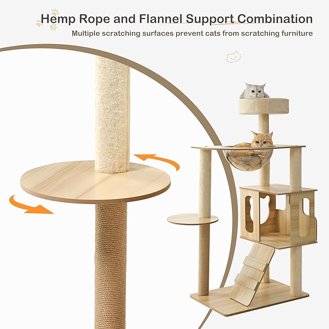 EUREKA ERGONOMIC Cat Tree Tower, 46.5 Inch Modern Cat Tower with Scratching Post, Multi-Level Large Cat Condo Wooden Cat Stand with House, Pompoms, Cat Tree with Scratch Pad (Yellow)