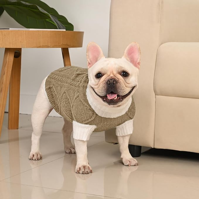 Dog Sweater for Medium Dogs Argyle Cable Knit Turtleneck Pullover Winter Clothes Boys Girls French Bulldog Dachshund Corgi Beagle Pug Pet (M, Brown)