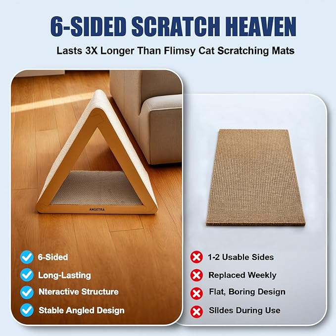 3 Pack Cardboard Cat Scratcher & Scratch Pad with Catnip, Buildable Triangle Cat House w/ 6-Sided Use, Furniture Protection for Indoor Cats