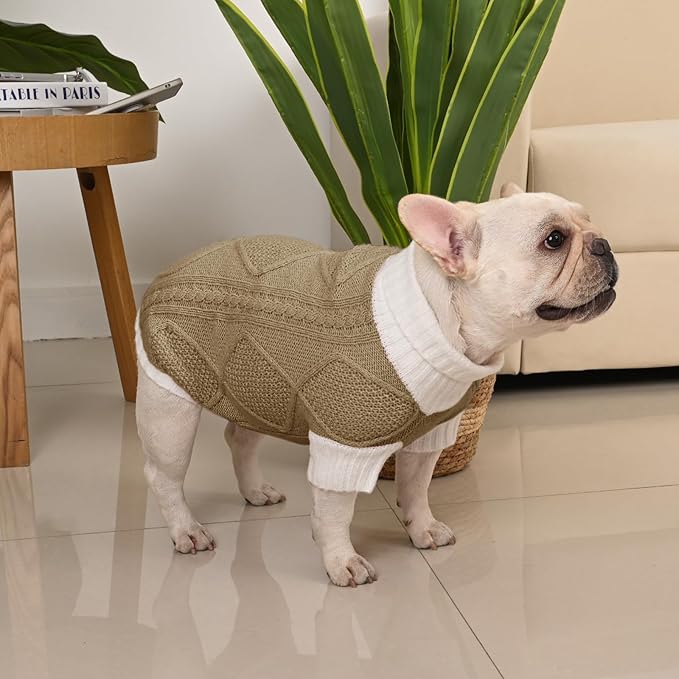 Dog Sweater for Medium Dogs Argyle Cable Knit Turtleneck Pullover Winter Clothes Boys Girls French Bulldog Dachshund Corgi Beagle Pug Pet (L, Brown)