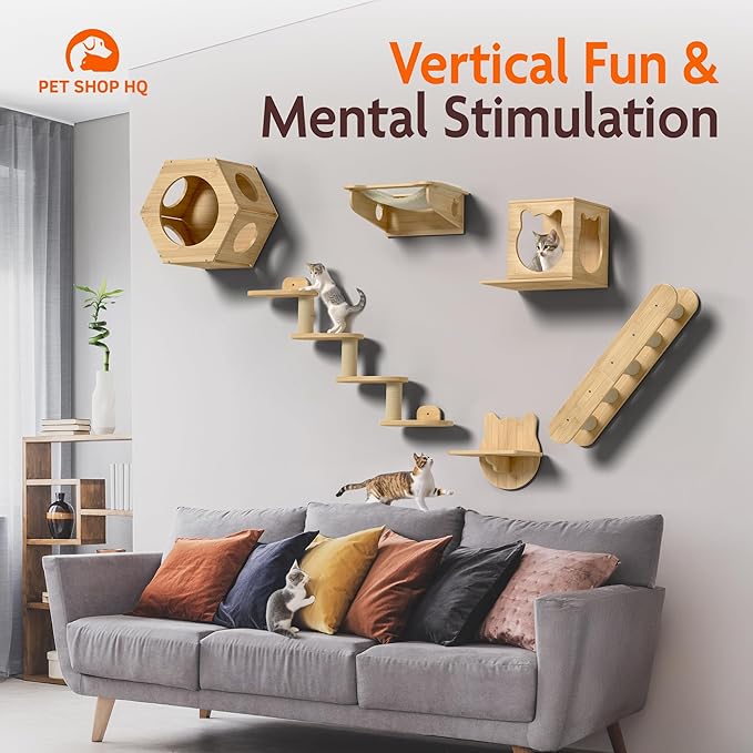 Wall-Mounted Cat Furniture for Climbing - Indoor Wooden Floating Shelves, Perches, Hammock, Bed, Bridges, and Walkways - Different Models Available