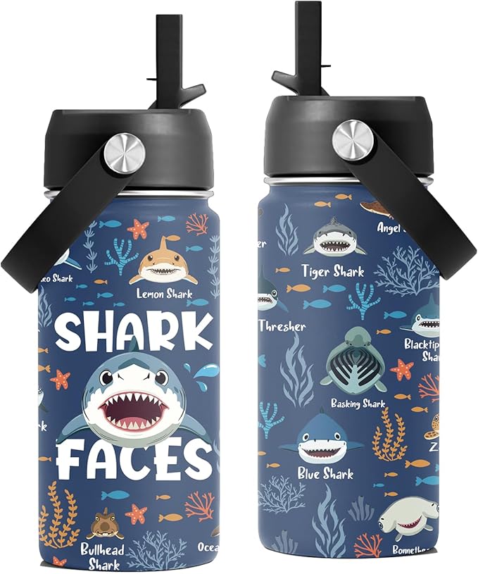 Shark Gifts, 16 oz Water Bottle with Straw Lid, Stainless Steel Insulated Tumbler, Cute Shark Water Bottles for Shark Lovers, Ocean Animals Lovers Gifts Cups