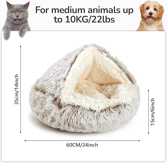 Calming Cat Beds, Fluffy Plush Round Cat Cave Washable, Cozy Warming Anti-Slip Small Dog Bed for Puppy and Kitten, Soft Anti Anxiety Pet Nest (24×24 inch, Coffee)