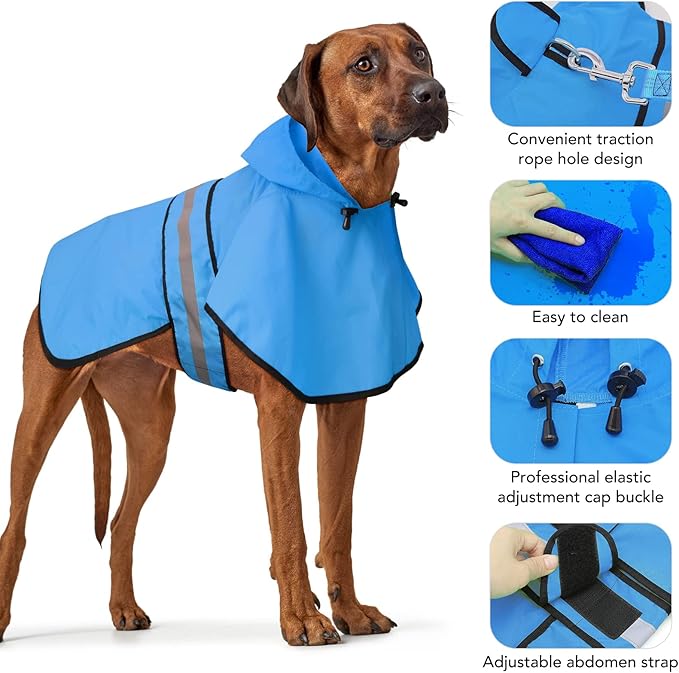 Weesiber Dog Raincoat, Waterproof Dog Rain Jacket with Leash Hole, Reflective Puppy Rainwear Hooded Pet Poncho Slicker for Walking (S, Blue)