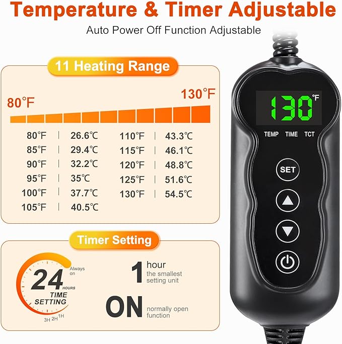 Large Pet Heating Pad, Waterproof Heated Dog Cat Bed with 11 Adjustable Temperatures & 24H Timer, Auto Shut-Off, Chew-Resistant Cord, Washable Cover, Indoor Electric Heating Mat, Grey, L(35" x 24")