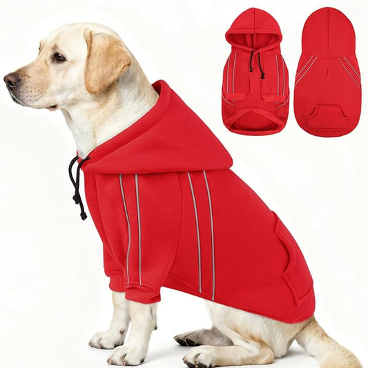 ASENKU Cozy Dog Hoodie，Soft Sweater with Adjustable Hood, Back Pocket and Leash Access Hole，Warm Reflective Sweatshirt for Cold Weather（Red，L