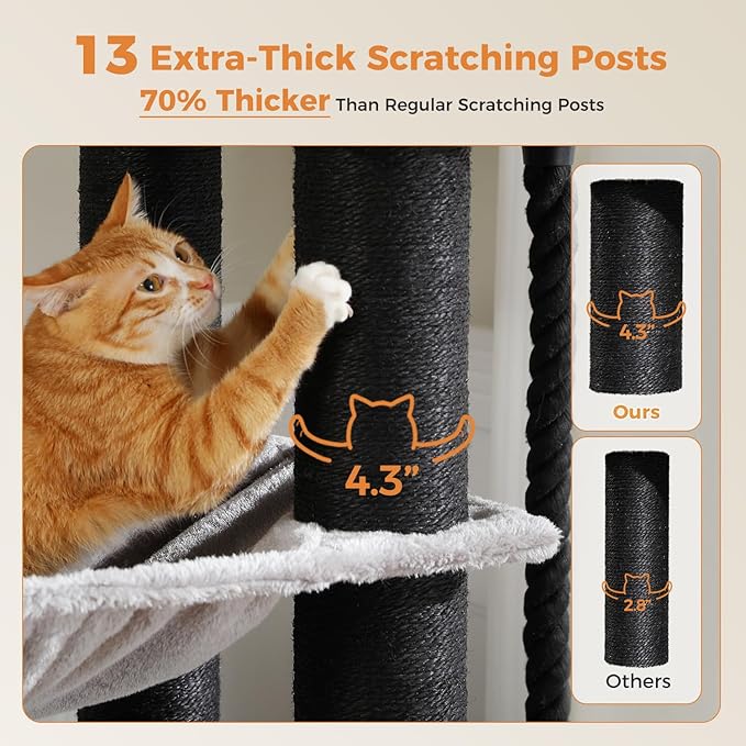 Large Cat Tree with 13 Thick Study Scratching Posts (φ4.3in)-67in Heavy Duty Cat Tower for Indoor Adult Cats with XXL Cat Condo, Super Big Perch & 3 Hammocks for Maine Coon 20 lbs -Gray