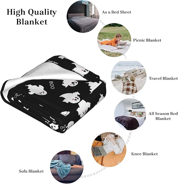 Happy Halloween Funny Ghost Blanket, Soft Anti-Pilling Throw Blanket, Lightweight All Seasons Spooky Flannel Blanket for Couch Sofa Bed 50x60 in Black & White