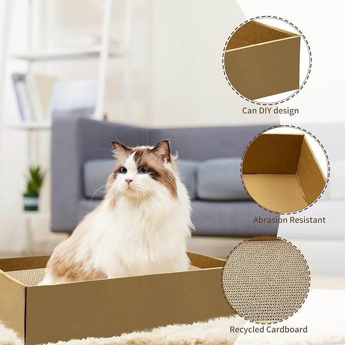 Cardboard Cat Scratcher Box Set of 2, 17 Inch Corrugated Cat Scratch Pad with 4 Double-Sided Curved Wave Shaped Pad for Indoor Cats Kitty Play Rest Grind Claws