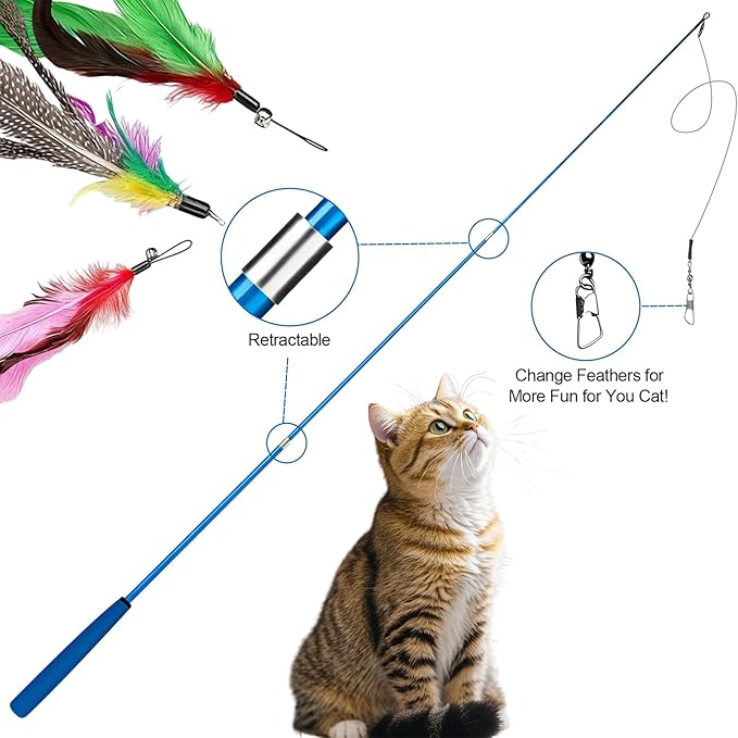Walfront Interactive Cat Toys for Indoor Cats, 12PCS Kitten Toy Set with 2 Retractable Wands & Feather Teasers, Fun Chase and Exercise Toys to Keep Cats Active and Healthy