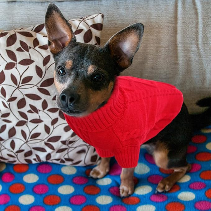 Queenmore Small Dog Pullover Sweater, Cold Weather Cable Knitwear, Classic Turtleneck Thick Warm Clothes for Chihuahua, Bulldog, Dachshund, Pug (Red, X-Small)