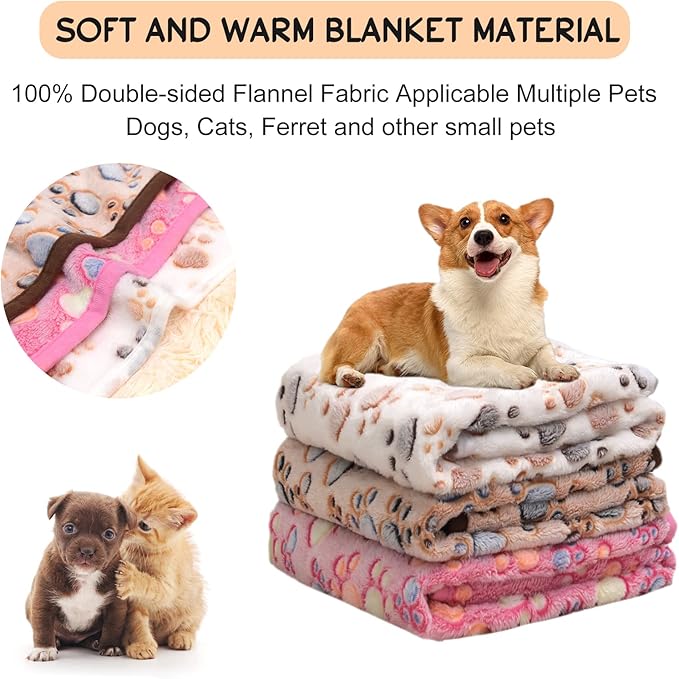 Rezutan Dog Blankets for Large Dogs, Upgraded 3 Pack Dogs Cat Blanket Washable 41" x 31", Soft Pet Throw Cover Suitable for Kennel Crate Bed, Cute Paw Pattern, White/Brown/Pink