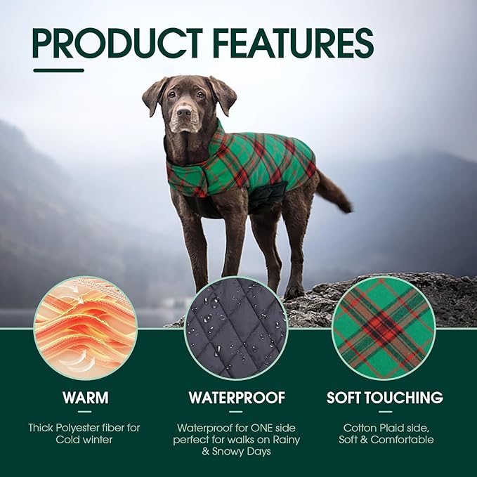 Kuoser Waterproof Dog Coat, Reversible Dog Jacket for Large Dogs, Adjustable Durable Doggie Winter Coat for Groowing Puppies Warm Puppy Cold Weather Apparel, Christmas Green L