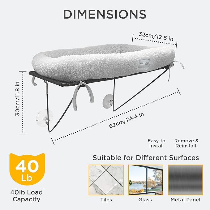 EvolutionUSA Cat Window Perch, Durable Feline Window Bed, Comfy Perch for 360 Views, Durable Elevated Cat Bed Lounger, Ideal Cat Window Hammock for Large Cats, Heavy Duty Window Bed, 24.4x12.6 in